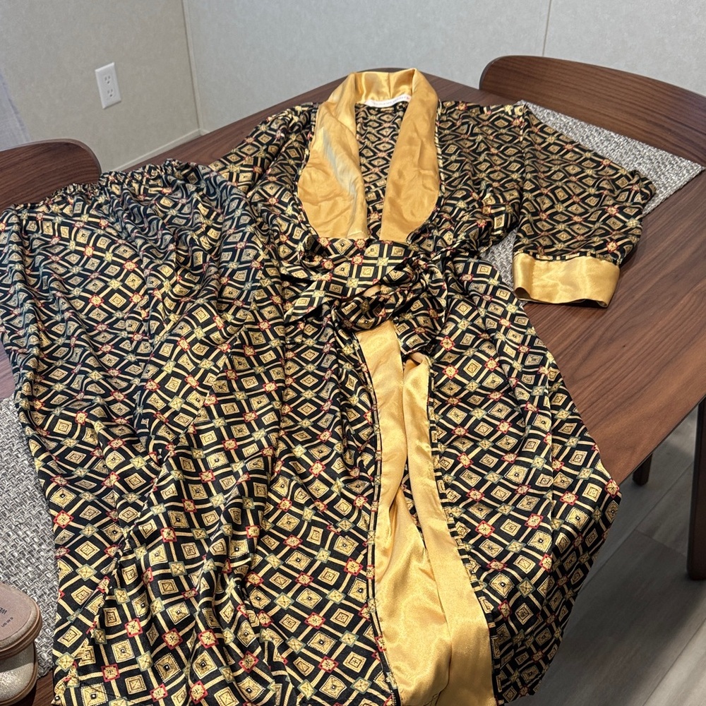 Gold Trim Black & Gold Geometric Satin Robe - Women